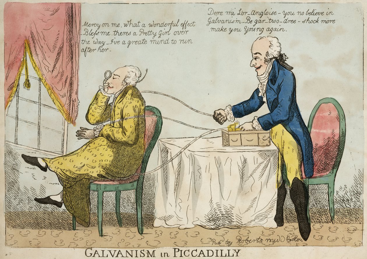 Elektroterapi 'Galvanism in Piccadilly', ca 1800 av Frederick (attr. to) Barnard