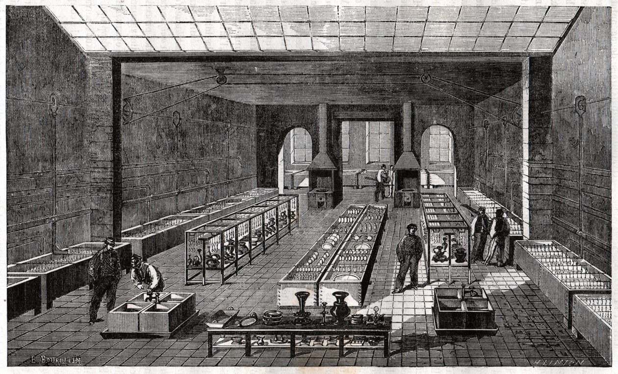Ouvriers dans l'orfevrerie. Arbeidere i sølvsmed. av Frederick (attr. to) Barnard