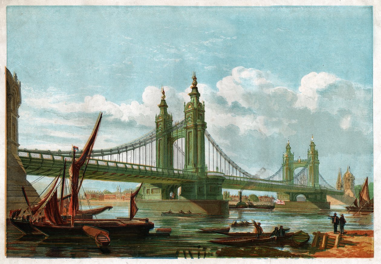 Chelsea Bridge, London. Rundt 1860 (gravering) av . .