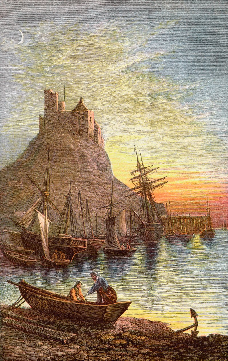 Den hellige øya Lindisfarne som viser slottet. av . .