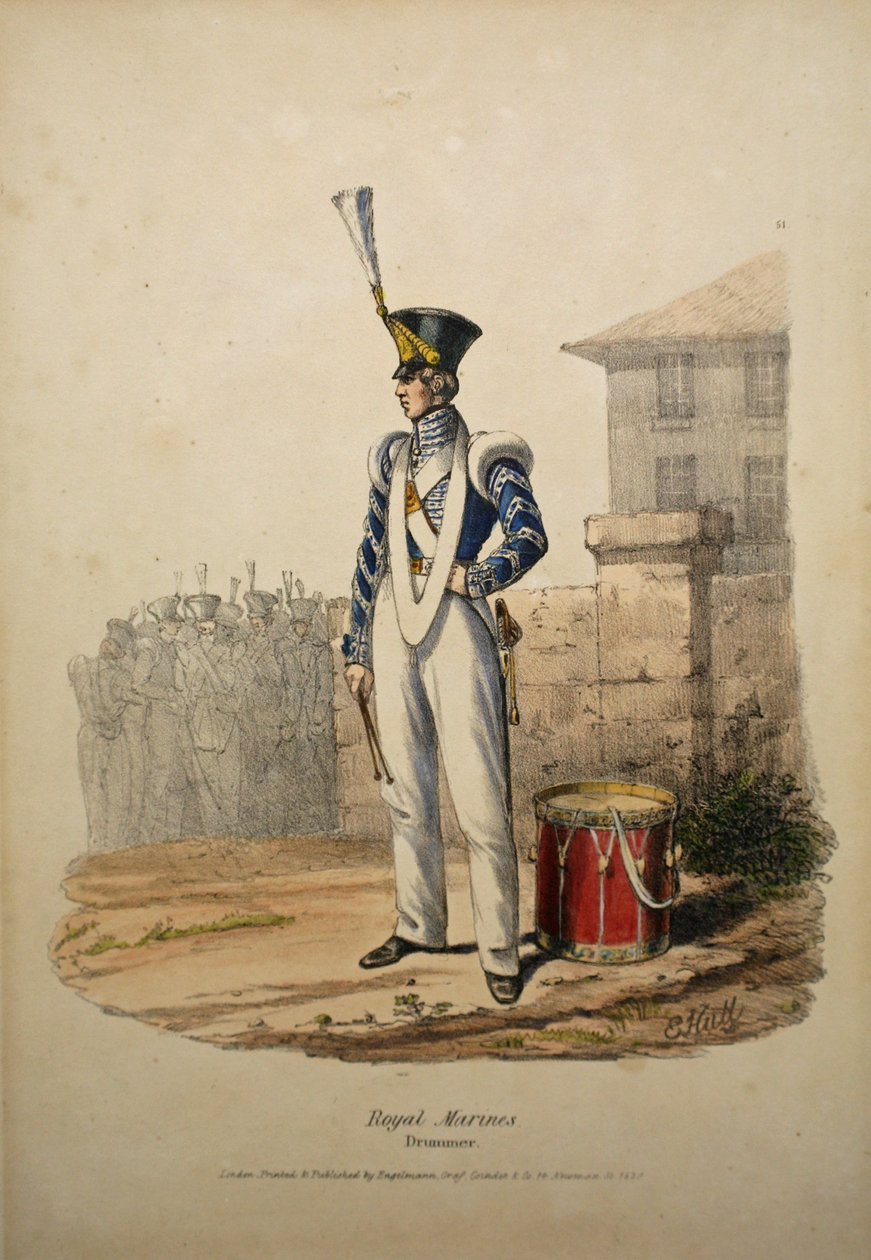 Royal Marines Drummer, ca. 1829 (håndfarget litho) av after Edward Hull
