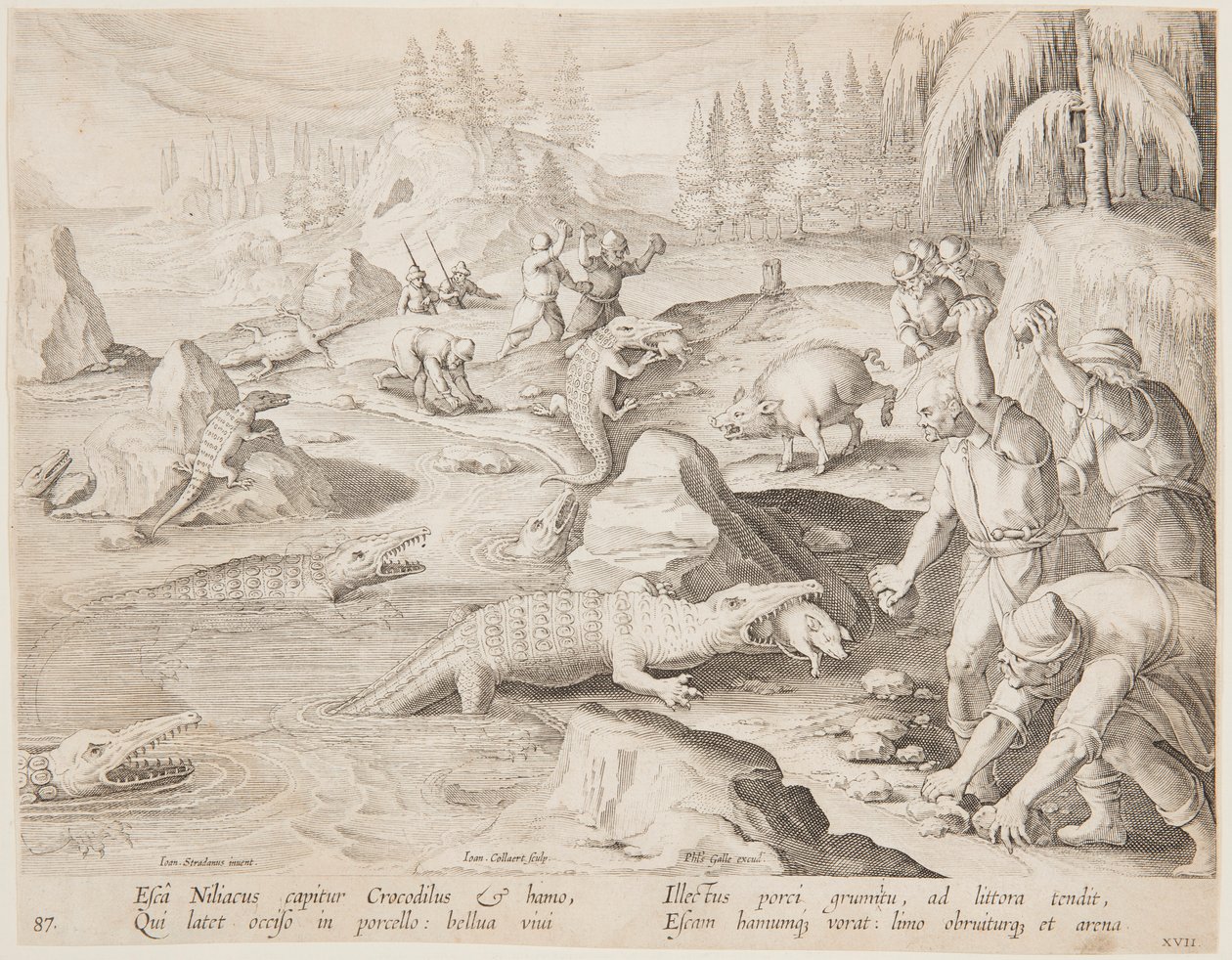 Krokodillejakt av after Jan van der Straet, called Stradanus