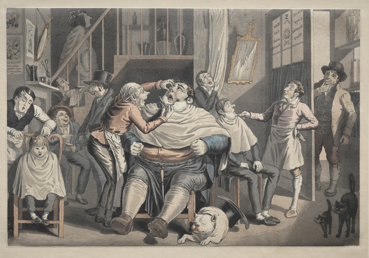 En frisørsalong av after Thomas Rowlandson