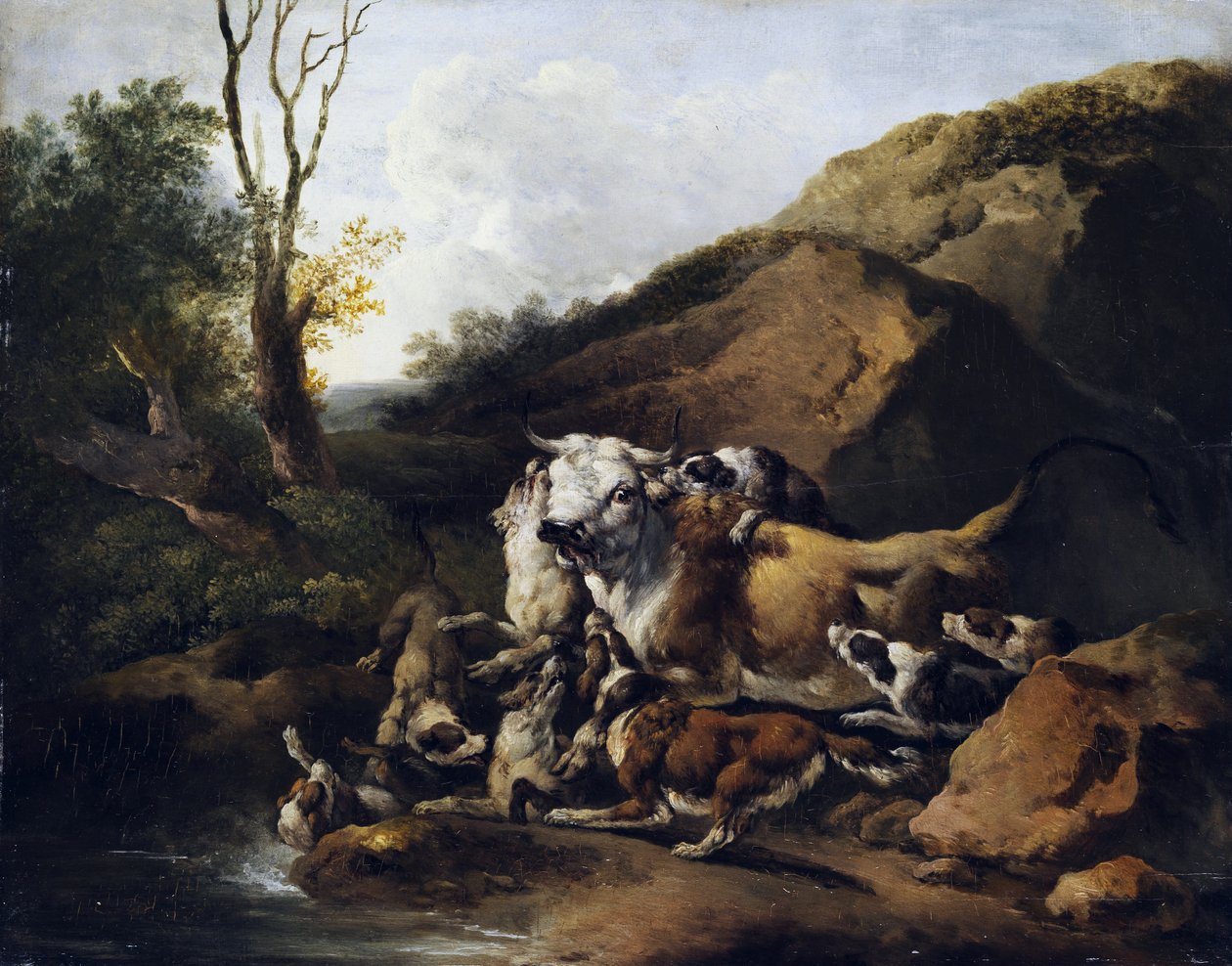 Aurochs kjemper mot en flokk jakthunder av attributed to Johann Heinrich Roos