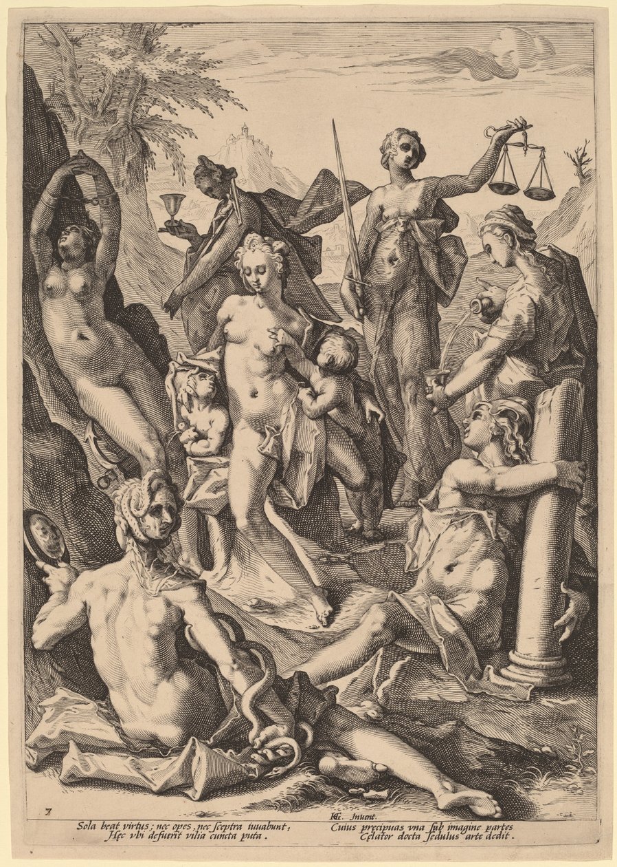 De syv dyder av attributed to Jacob Matham, after Hendrik Goltzius