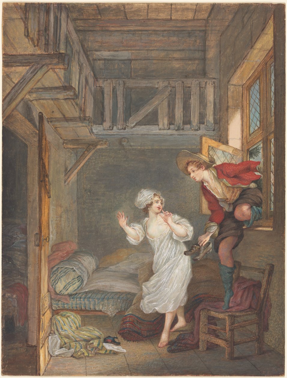 Elskerens besøk av attributed to Pierre Antoine Baudouin