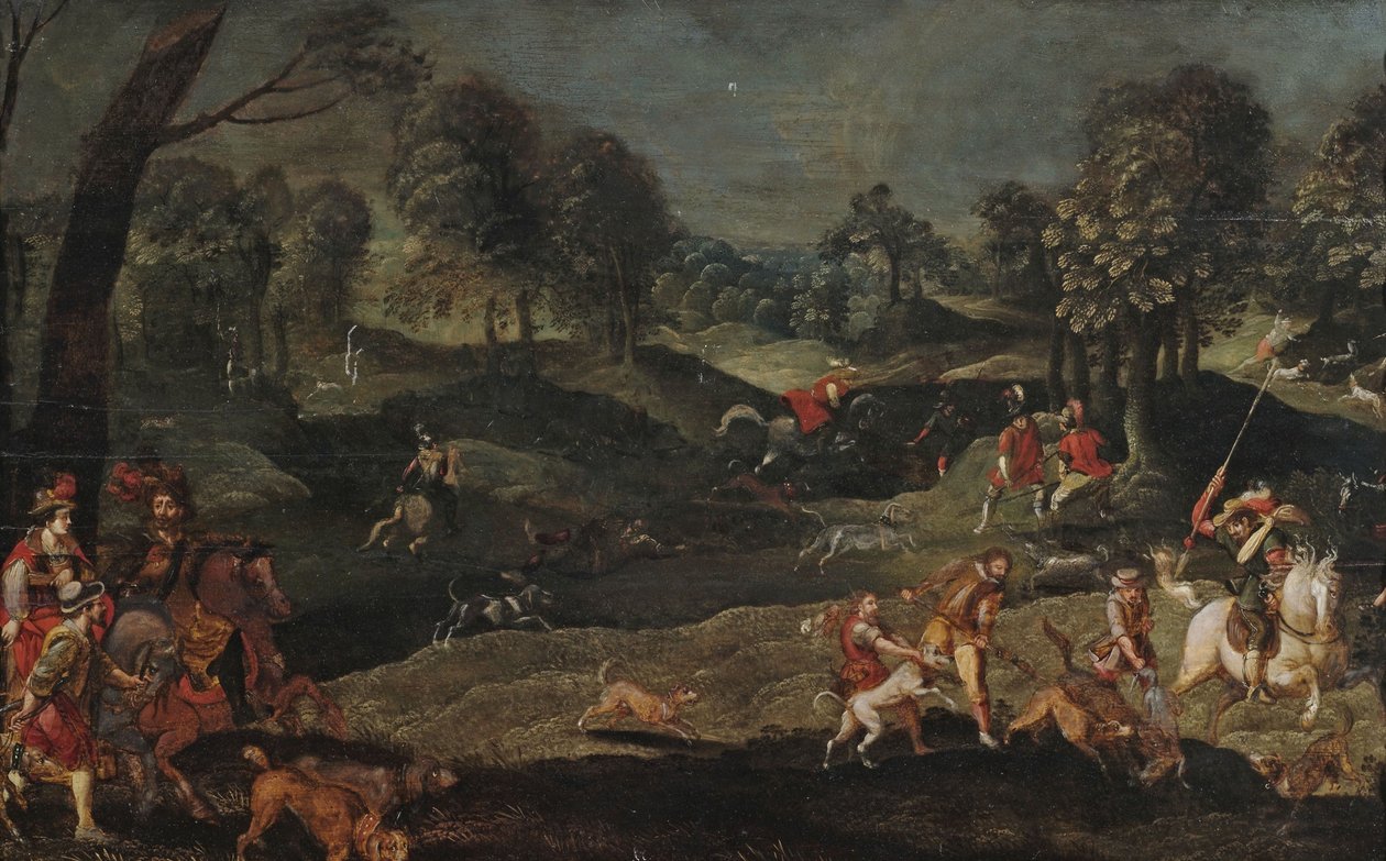 Jakt i et skoglandskap, der et herskende par deltar av circle of Sebastian Vrancx