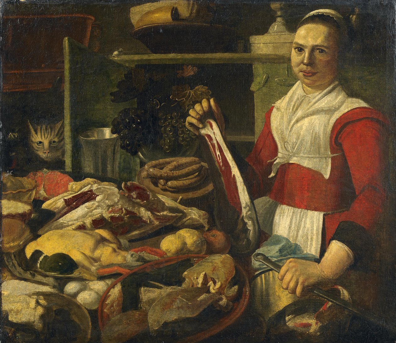 Stort kjøkken stilleben av follower of Pieter Corneliusz. van Rijck
