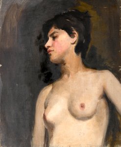 Kvinne semi-naken. svart bakgrunn. Cirka 1880