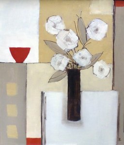 Rød skål, hvite blomster