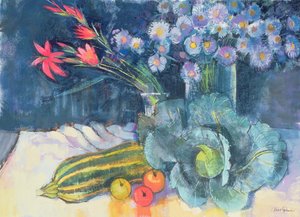 Stilleben med frukt og blomster
