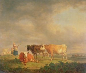 Storfe beiter i et landskap, ca. 1820 (panel)