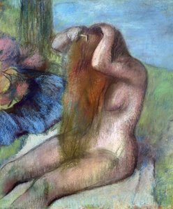 Kvinne som gjør håret sitt, ca. 1895 (pastell)