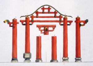 Kinesiske arkitektoniske detaljer i tre, ca. 1820-30-tallet