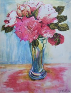 Rosa roser i et blått glass, 2000,
