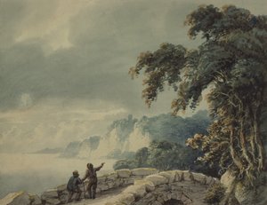 Landskap med trær, bro og figurer