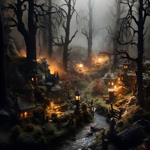 Miniatyr tilt-shift Halloween-skog med tåkete trær og en skummel atmosfære 2