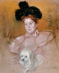 Kvinne som holder en hund (pastell på papir)