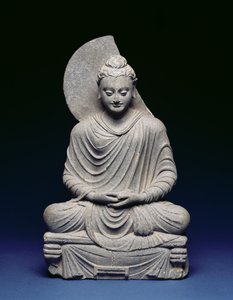 Sittende Buddha, Gandhara, 1.-3. århundre e.Kr. (skifer)