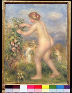Naken kvinne plukker blomster