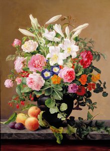 Stilleben med blomster og frukt