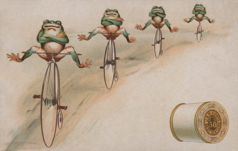 Frosker utfører triks som rir på penny farthings, reklame for J & P Coats bomull av American School