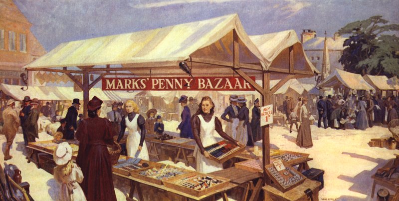 An Artists Impression of Marks Penny Bazaar oppsto i 1884 av Michael Marks, far til Sir Simon Marks av English School
