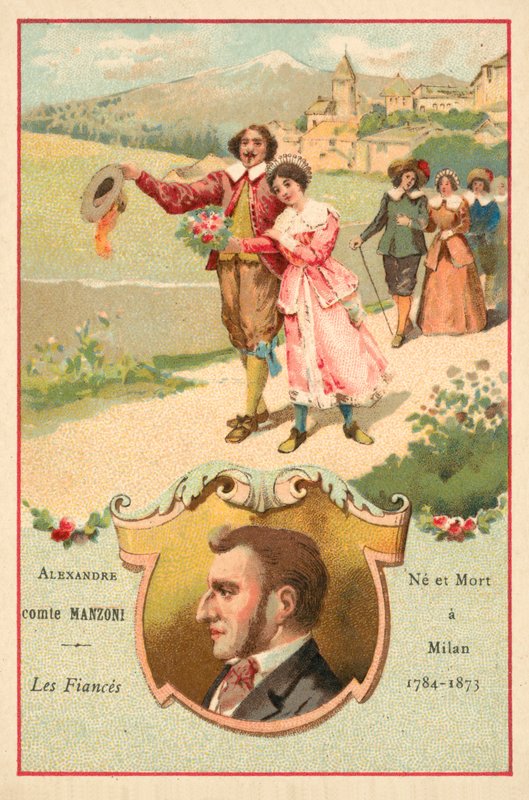 Alessandro Manzoni, italiensk forfatter, og en scene fra romanen The Troloved av French School
