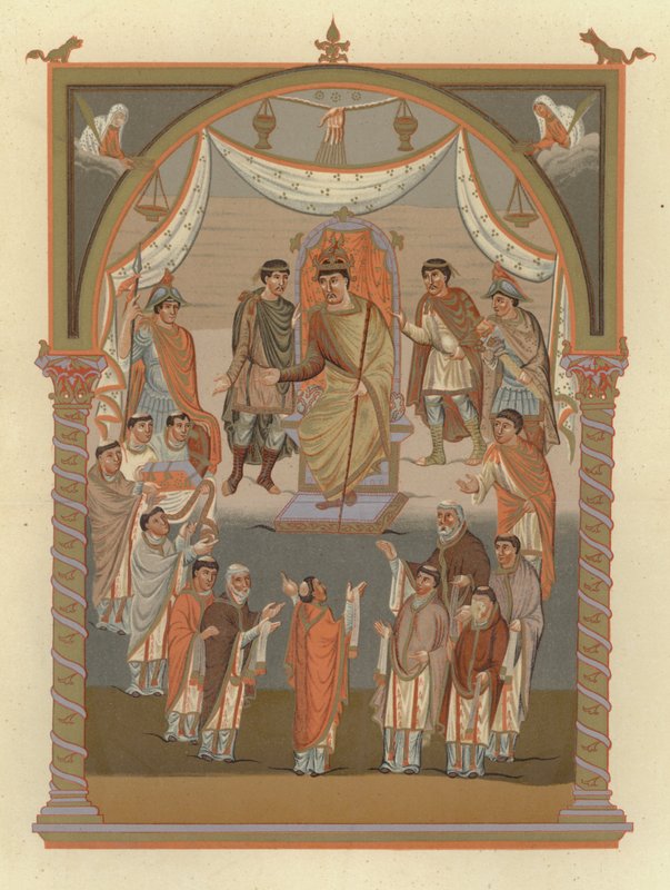 Grev Vivien presenterer bibelen til kong Karl den skallede på hans besøk i kirken i 846 av German School