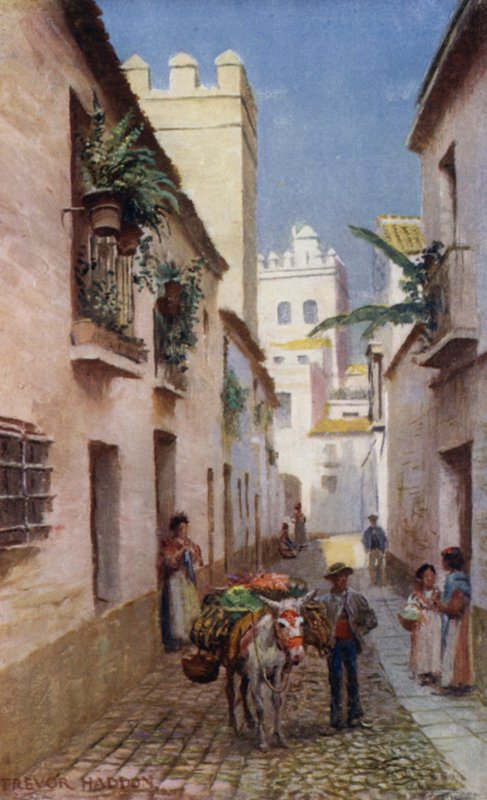 Sevilla, A Street (farge litho) av A. Trevor Haddon