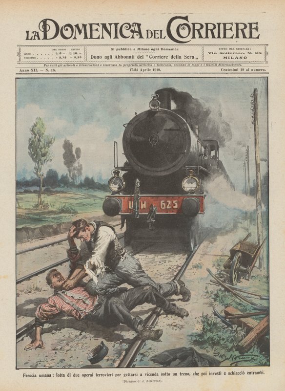 Menneskelig voldsomhet, to jernbanearbeideres kamp for å kaste hverandre under et tog? av Achille Beltrame