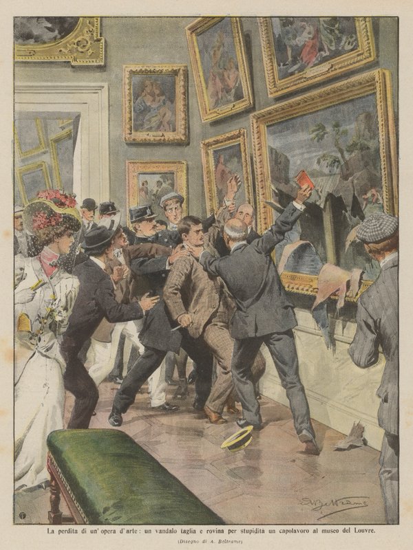Tapet av et kunstverk, en vandal skjærer og ødelegger et mesterverk på Louvre-museet for dumhet av Achille Beltrame