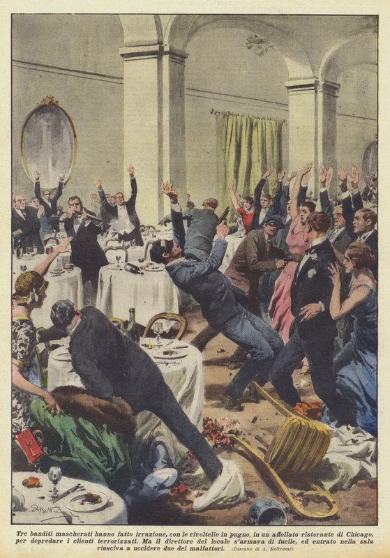 Tre maskerte banditter raidet, med revolvere i hånden, en overfylt? av Achille Beltrame