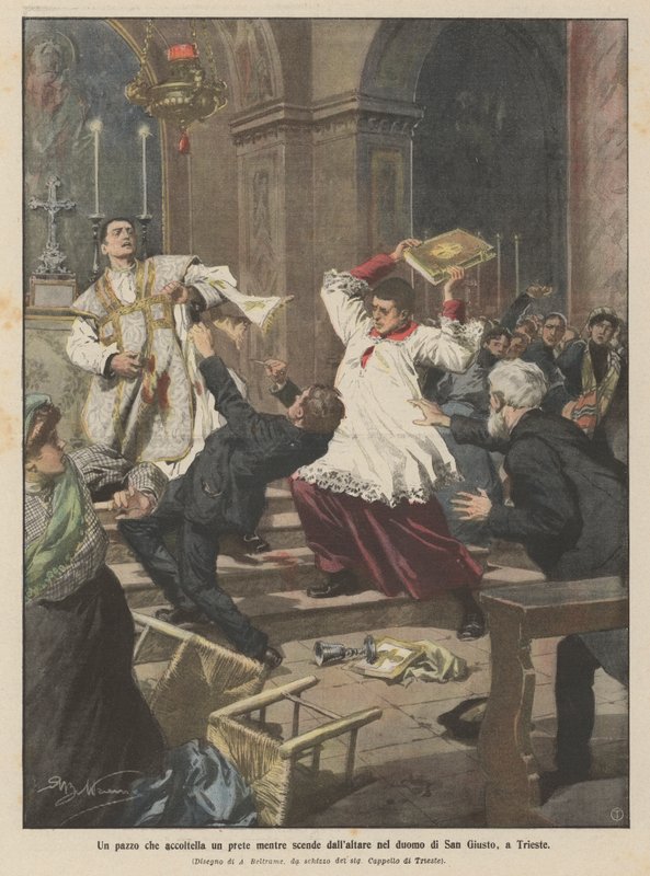 En galning som stikker en prest når han stiger ned fra alteret i katedralen i San Giusto, i Trieste av Achille Beltrame