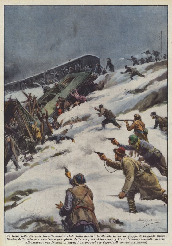 Et tog på den transsibirske jernbanen ble omdirigert i Manchuria av en gruppe kinesiske brigander av Achille Beltrame