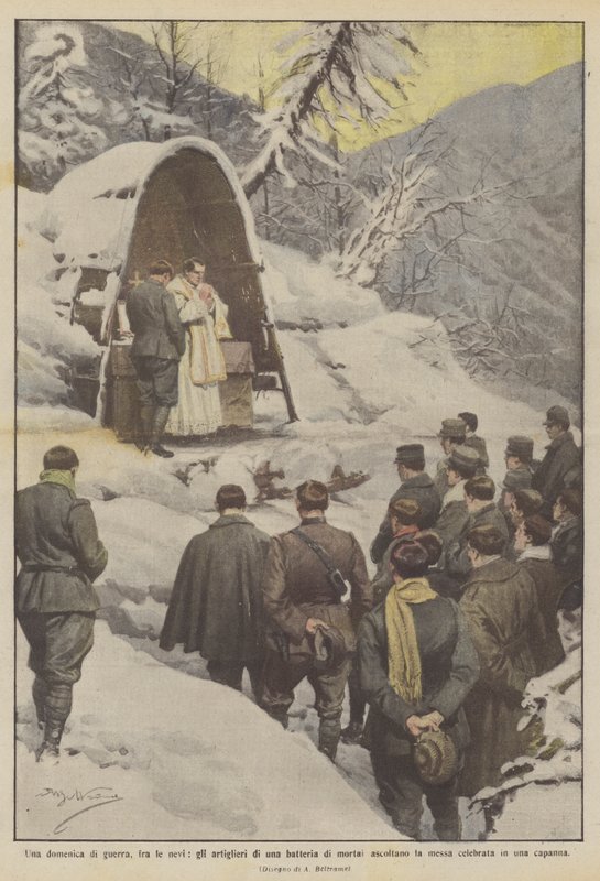 På en søndag med krig, i snøen, lytter skytterne til et batteri av mørtler på messe? av Achille Beltrame