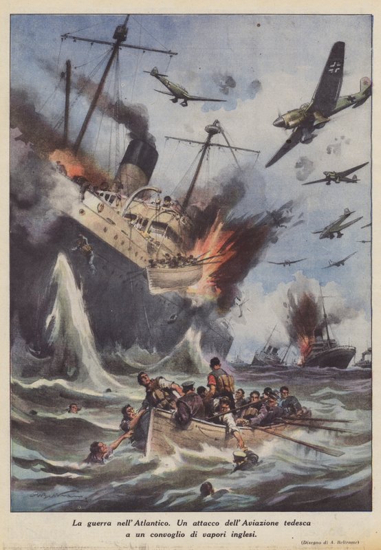 Krigen i Atlanterhavet (farge litho) av Achille Beltrame