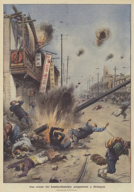 En scene fra den japanske bombingen i Shanghai av Achille Beltrame