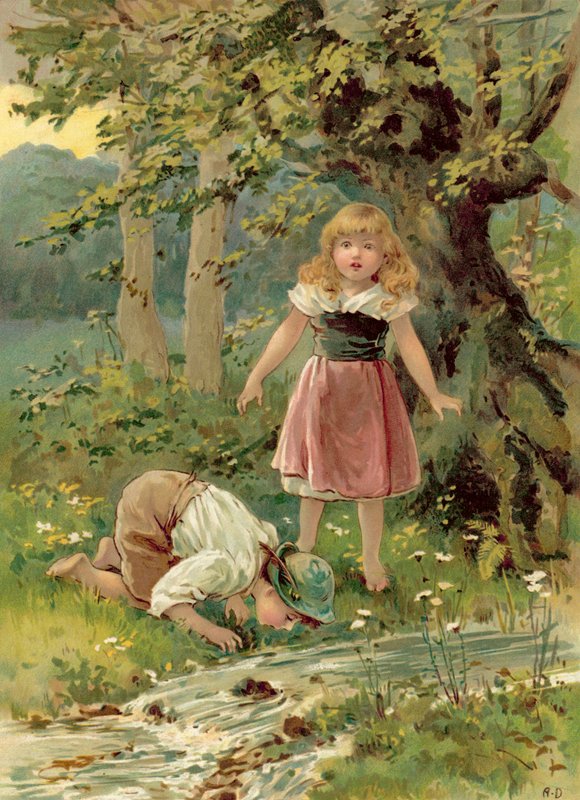 Broren som drikker fra bekken (chromolitho) av Ada Dennis