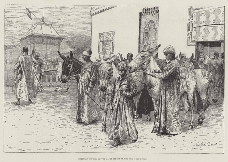 Egyptiske esler i Cairo Street på Paris-utstillingen av Adolphe Gustave Binet