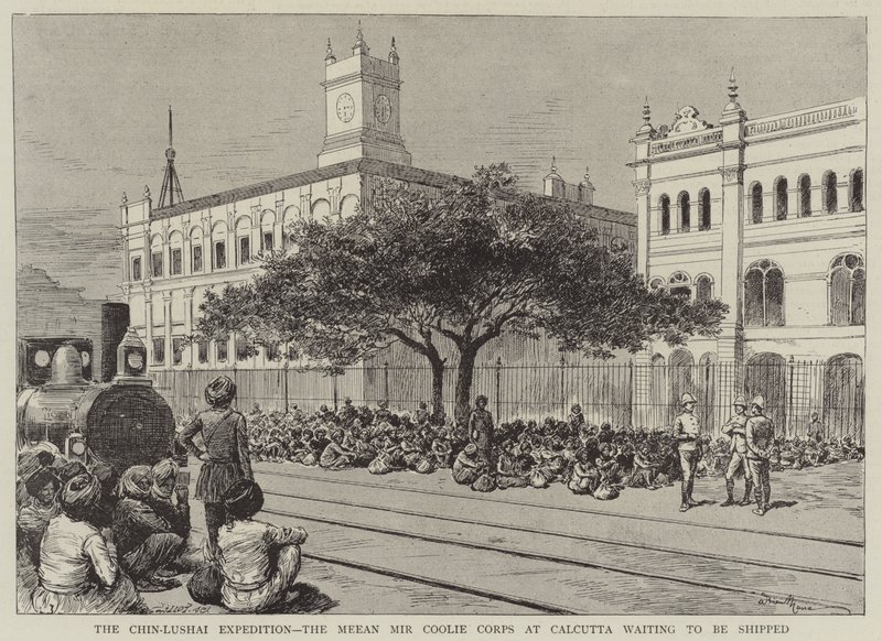 Chin-Lushai-ekspedisjonen, Meean Mir Coolie Corps i Calcutta venter på å bli sendt av Adrien Emmanuel Marie