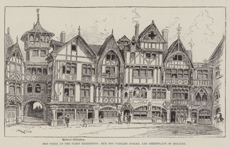 Gamle Paris på Paris-utstillingen, Rue des Vieilles Ecoles og Molieres fødested av Albert Robida