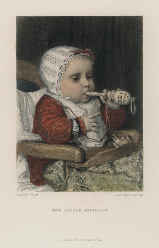 Den lille musikeren (farget gravering) av Albert Anker