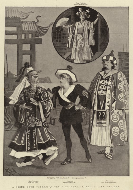En scene fra Aladdin, Pantomime på Drury Lane Theatre av Alexander Stuart Boyd