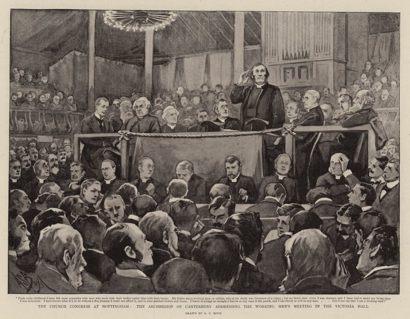 Kirkekongressen i Nottingham, erkebiskopen av Canterbury taler for arbeidernes møte i Victoria Hall av Alexander Stuart Boyd