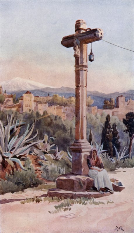 Wayside Cross, nær Granada (farge litho) av Alexander Wallace Rimington