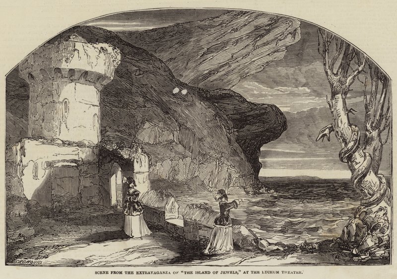 Scene fra Extravaganza of The Island of Jewels, på Lyceum Theatre av Alfred Crowquill