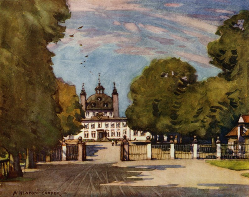 Danmark: Fredensborg Palace (farge litho) av Alfred Heaton Cooper
