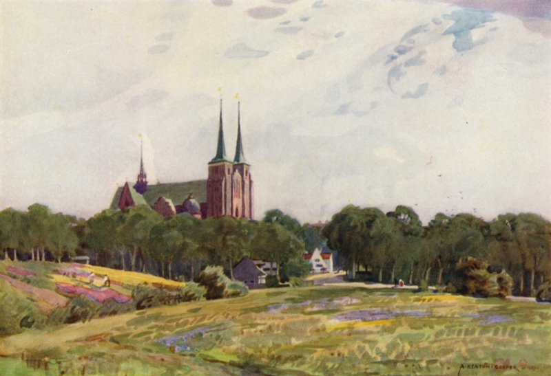 Danmark: Roskilde katedral (farge litho) av Alfred Heaton Cooper