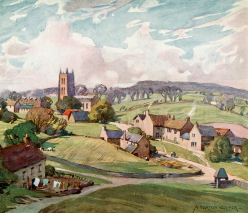 Mells Village, nær Frome (farge litho) av Alfred Heaton Cooper